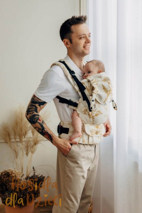 Nosidełko LennyUpGrade PRO z tkaniny żakardowej (68% bawełna, 27% wełna merino, 5% kaszmir), rozmiar standard, HERBARIUM - AMBRA