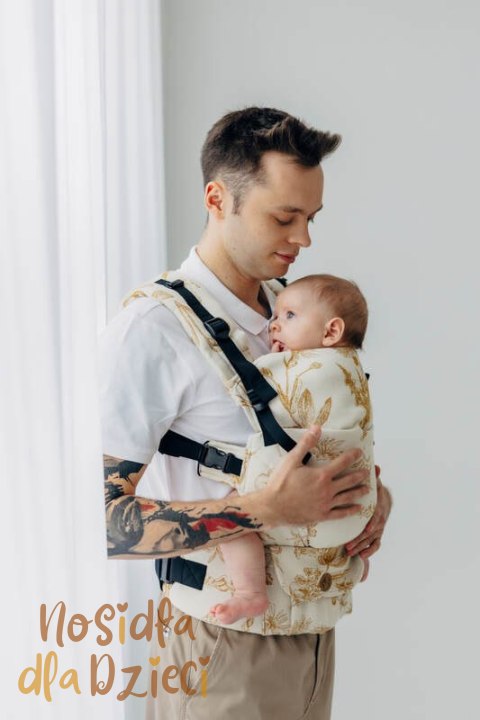 Nosidełko LennyUpGrade PRO z tkaniny żakardowej (68% bawełna, 27% wełna merino, 5% kaszmir), rozmiar standard, HERBARIUM - AMBRA