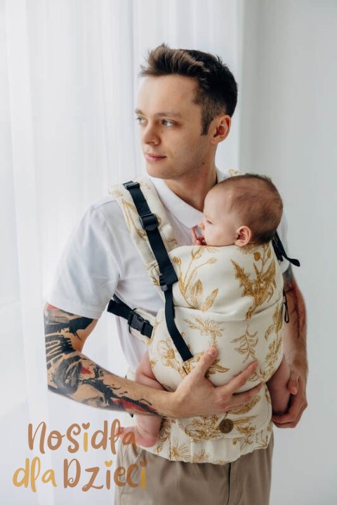 Nosidełko LennyUpGrade PRO z tkaniny żakardowej (68% bawełna, 27% wełna merino, 5% kaszmir), rozmiar standard, HERBARIUM - AMBRA